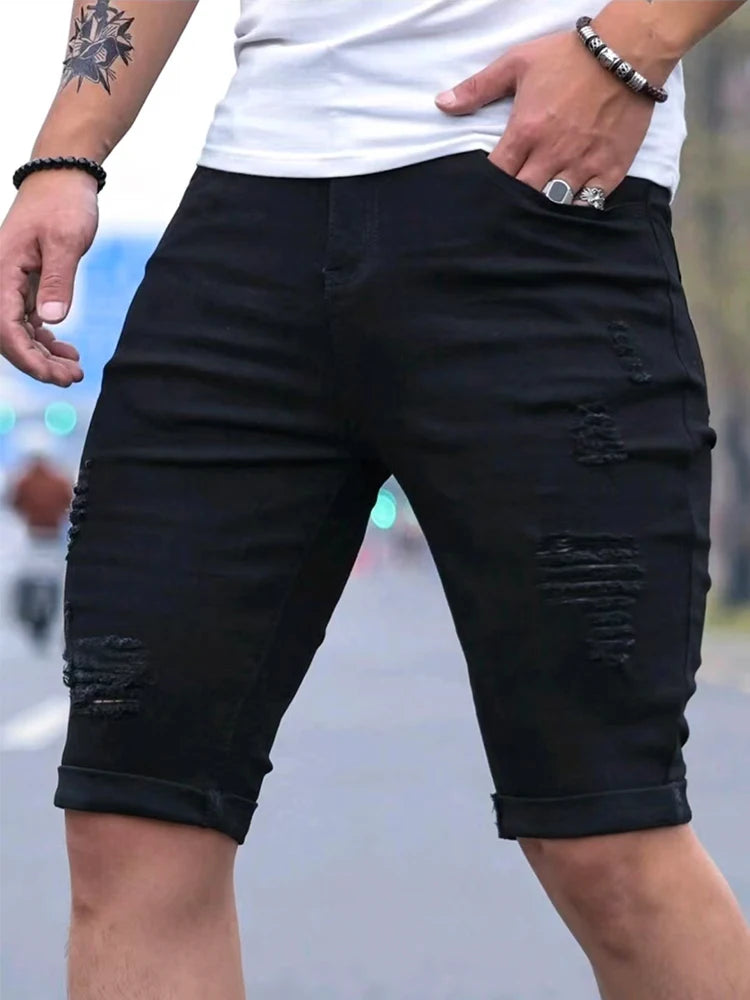 Short Jean Men Summer Men's Retro High Waist Denim Shorts Hole-Punched Straight Stretchy Casual Jeans American Style Male Pants