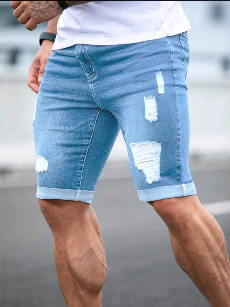 Short Jean Men Summer Men's Retro High Waist Denim Shorts Hole-Punched Straight Stretchy Casual Jeans American Style Male Pants