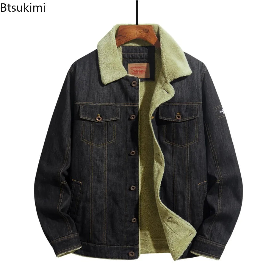 Men Denim Jackets Autumn Winter Lamb Fleece Lining Warm Jean Coats High Quality Men's Outdoor Casual Outwear Fashion Streetwear