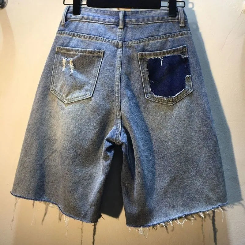 Jeans Hole Shorts Women Summer Short Pants High Waist Stretch Distressed Washed Diamonds Streetwear Straight Denims