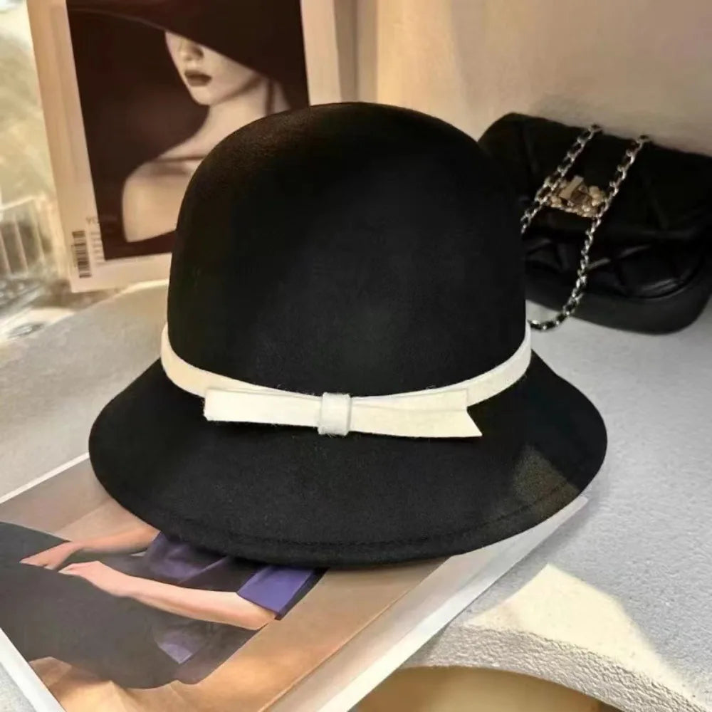 Retro Hepburnesque Felt Formal Hat Wealthy Heiress Style British Style Bowknot Bucket Hat Panama Cap Autumn