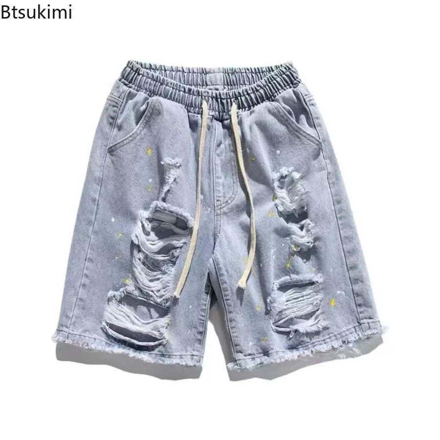 New Men's Fashion Ripped Distressed Denim Shorts Summer Loose Casual Straight Wide Leg 5-Point Jean Breathable Male Streetwear