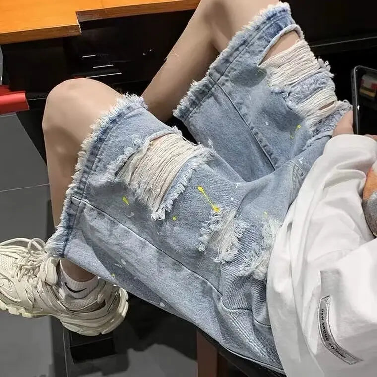 New Men's Fashion Ripped Distressed Denim Shorts Summer Loose Casual Straight Wide Leg 5-Point Jean Breathable Male Streetwear