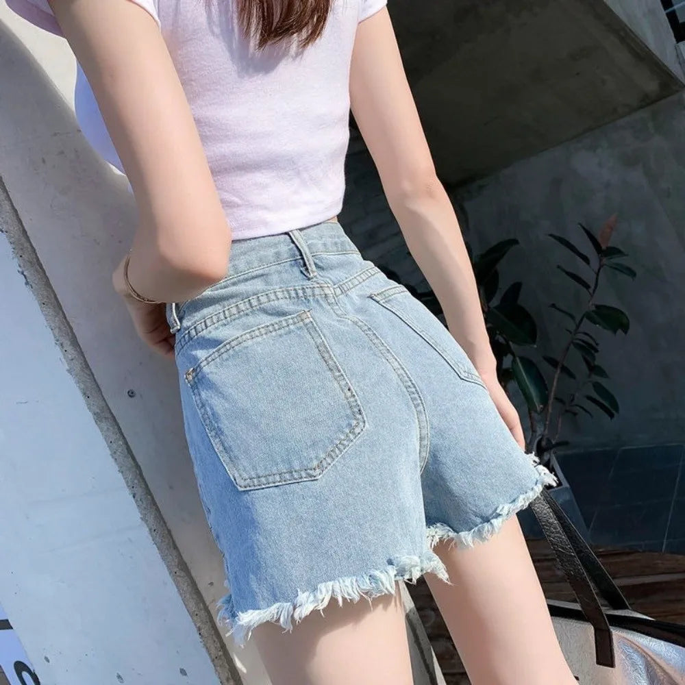 Casual Stretchy Jean Shorts for Women Ripped High Waisted Denim Shorts Frayed Raw Hem All-match Short Pants Summer Wear