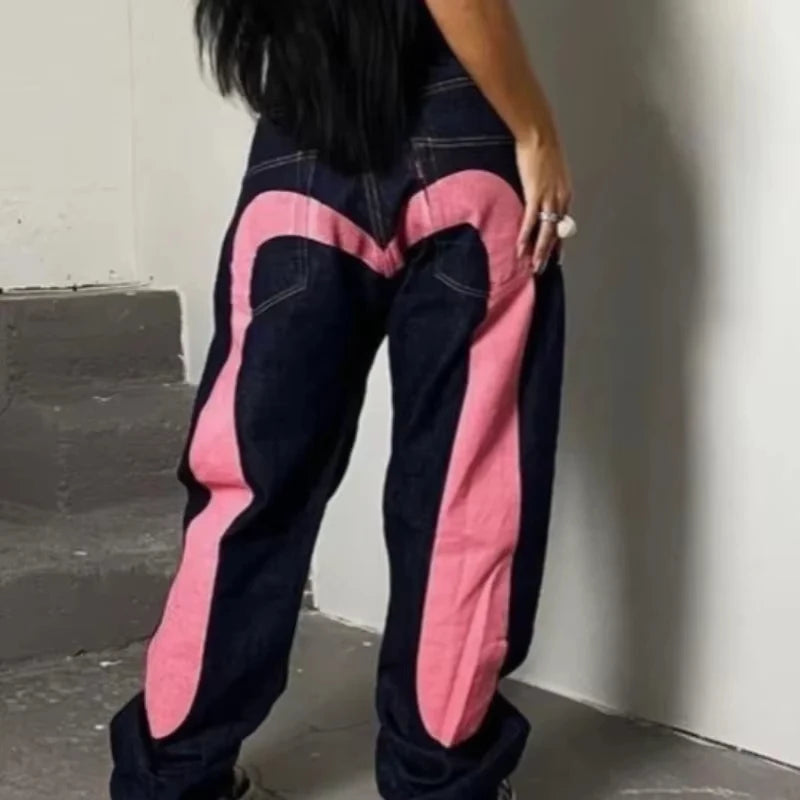 Jeans Women Gothic Y2K Retro Streetwear Black Cargo Punk Vintage Kpop Print Wide Leg Denim Panrts Female Trousers Pants
