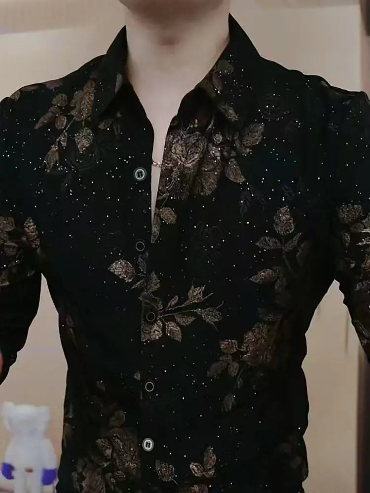 Men's Shirt with Long Sleeves Autumn and Winter Fashion Lapel Trendy Handsome Print Casual Slim Body